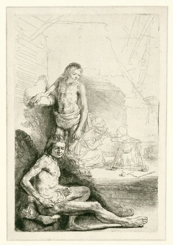 Male nude, seated and standing by Rembrandt van Rijn, print, 1646