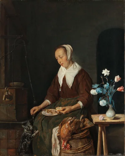 Vrouw aan de maaltijd, bekend als ‘Het ontbijt van de kat’ by Gabriël Metsu, painting, 1661-1664