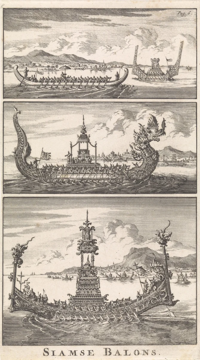 Verschillende Siamese vaartuigen by Jan Luyken, print, 1697