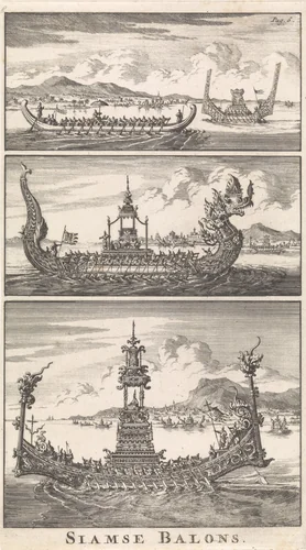 Verschillende Siamese vaartuigen by Jan Luyken, print, 1697