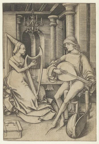 Lute Player and Harpist, from Scenes of Daily Life by Israhel van Meckenem, print, 1435-1503