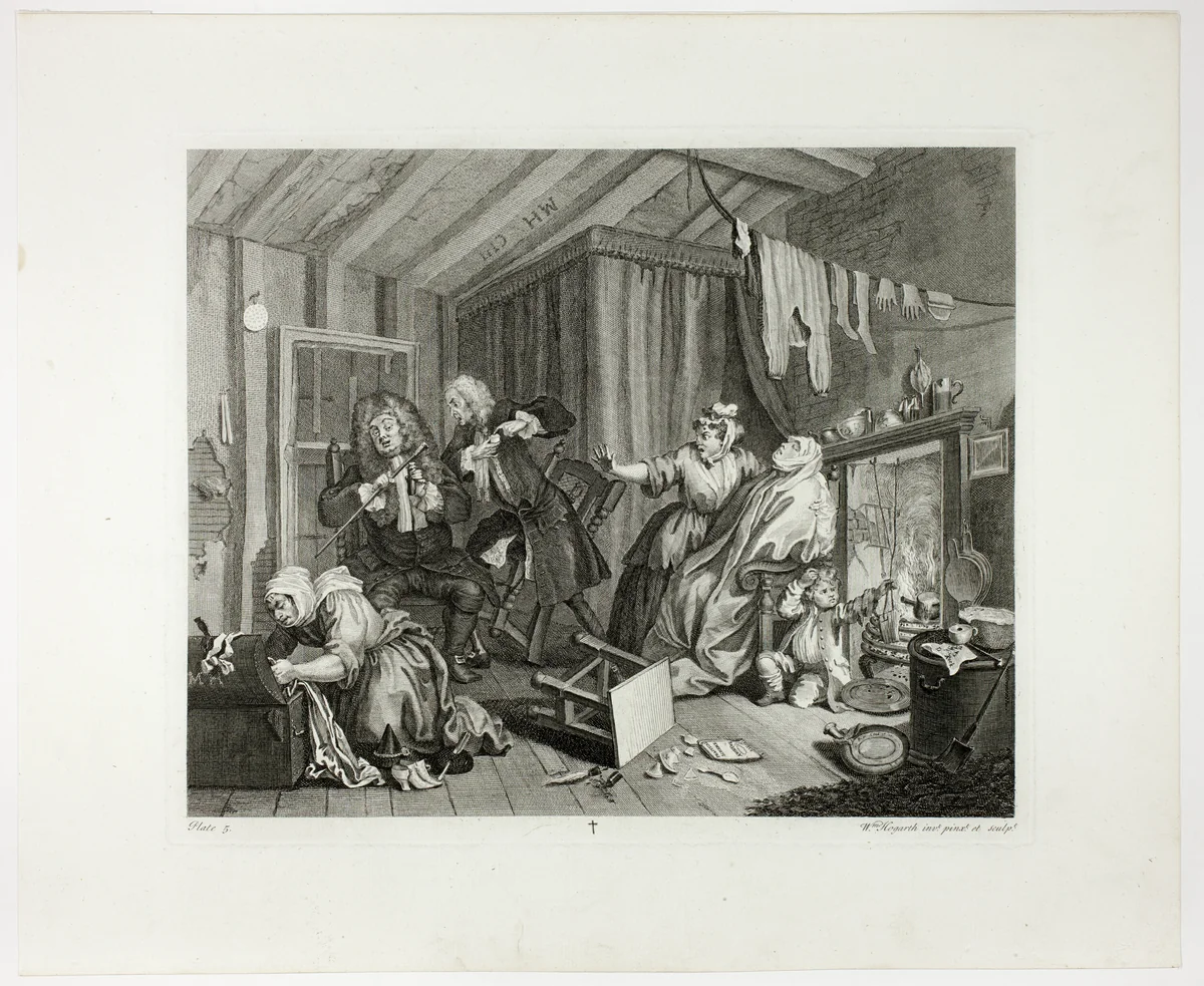 Plate five, from A Harlot's Progress by William Hogarth, print, 1732
