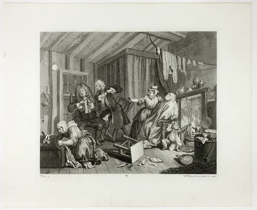 Plate five, from A Harlot's Progress by William Hogarth, print, 1732
