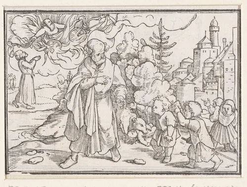 Bestraffing van de kinderen die Elisa bespotten by Hans Holbein, print, 1538