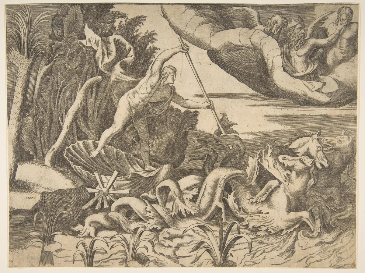 Neptune in his Chariot being drawn by seahorses, from the 'Division of the Universe' by Giulio Bonasone, print, 1531-1576