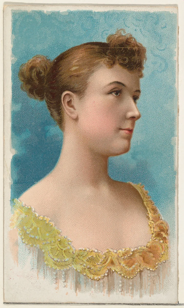Actress wearing yellow beaded bodice, from Stars of the Stage, First Series (N129) issued by W. Duke, Sons & Co. to promote Honest Long Cut Tobacco by W. Duke, Sons & Co., print, 1890