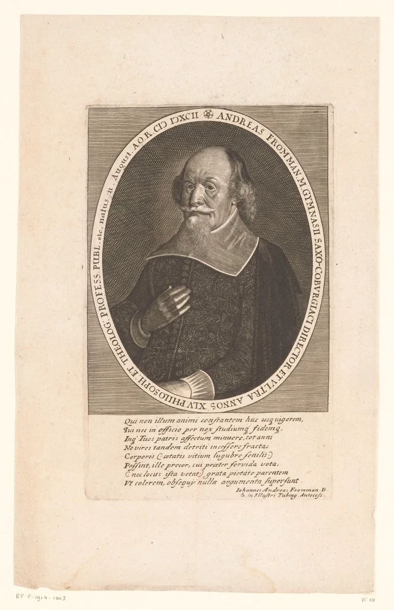 Portret van Andreas Frommann by Peter Aubry, print, 1665