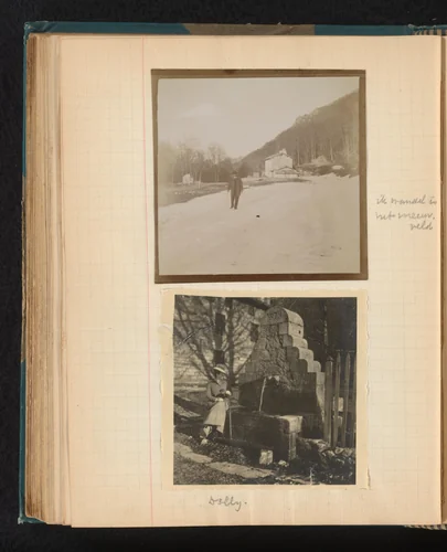 Theodore van Lelyveld wandelend door een besneeuwd veld en Dina Amelia van Emden zittend op de rand van een fontein by Théodore van Lelyveld, book, 1902