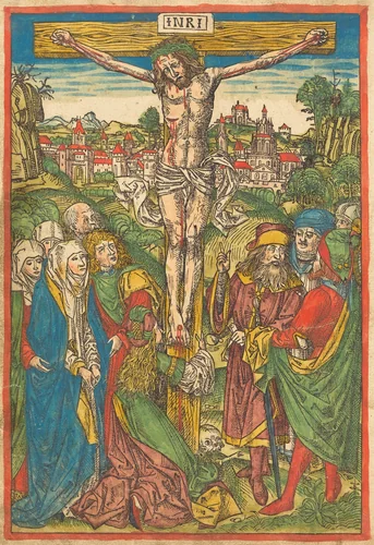 The Crucifixion with Saint Mary Magdalene by Michael Wolgemut, print, 1490