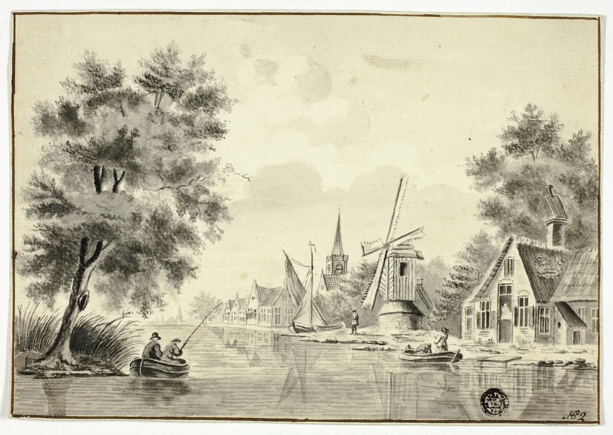 Houses and Windmill Beside Canal by Isaac van Ketweg, drawing, 1758-1800
