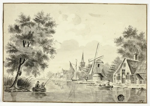 Houses and Windmill Beside Canal by Isaac van Ketweg, drawing, 1758-1800