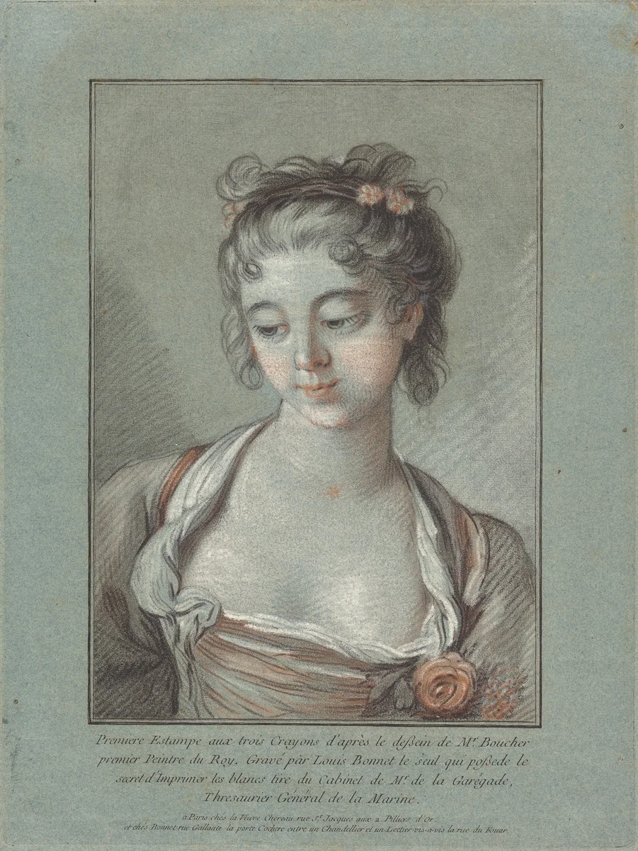 Bust of a Young Woman Looking Down by Louis-Marin Bonnet; François Boucher, print, 1767