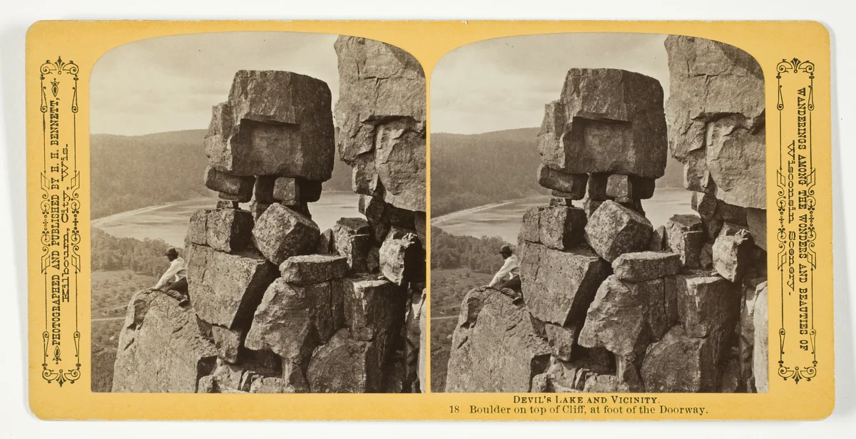 Boulder on top of Cliff, at foot of the Doorway, No. 18 from the series "Devil's Lake and Vicinity" by Henry Hamilton Bennett, photograph, 1870-1908