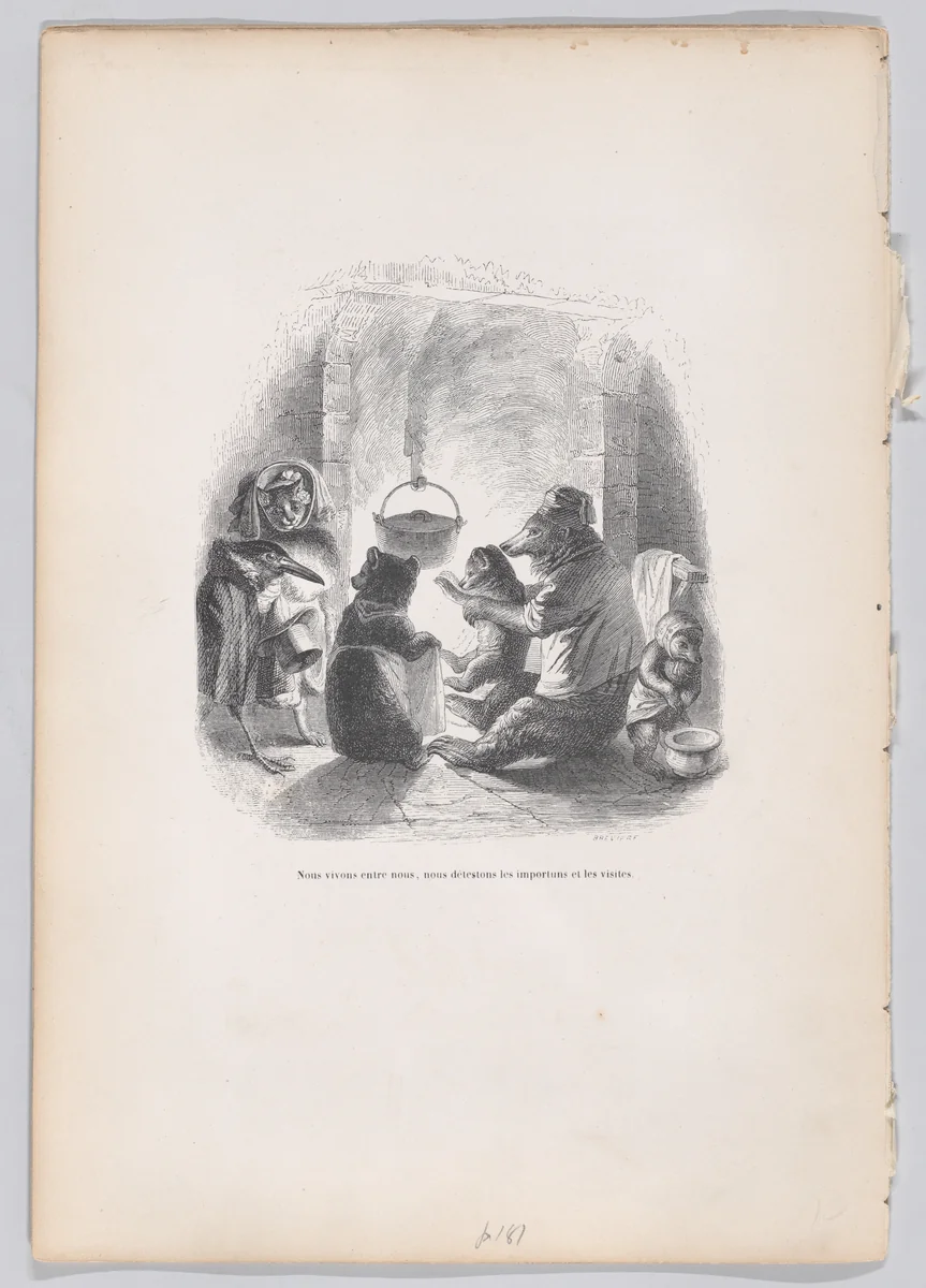 We live between ourselves, we hate the nuisances and the visits, from "Scenes from the Private and Public Life of Animals" by J. J. Grandville, print, 1832-1852
