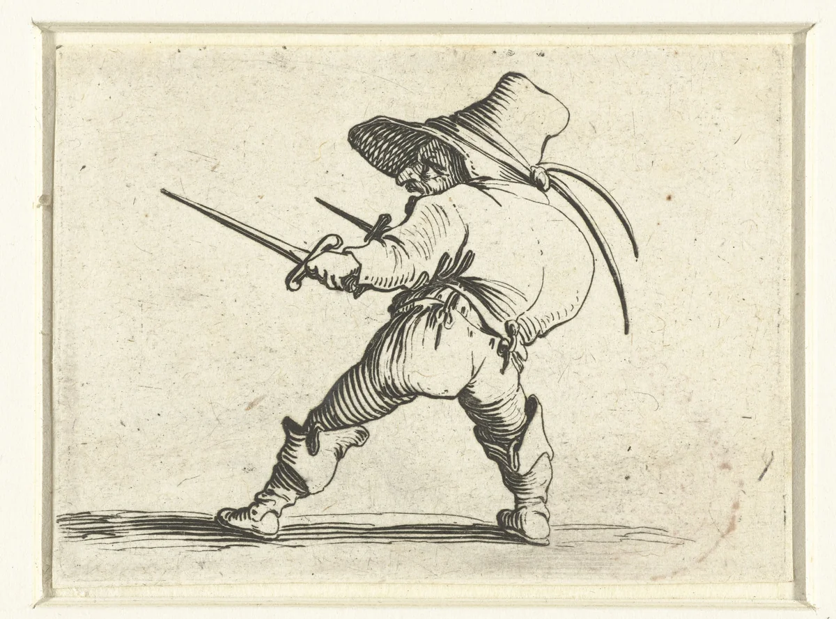 Kleine mens (karikatuur) met twee dolken by Jacques Callot, print, 1621-1625