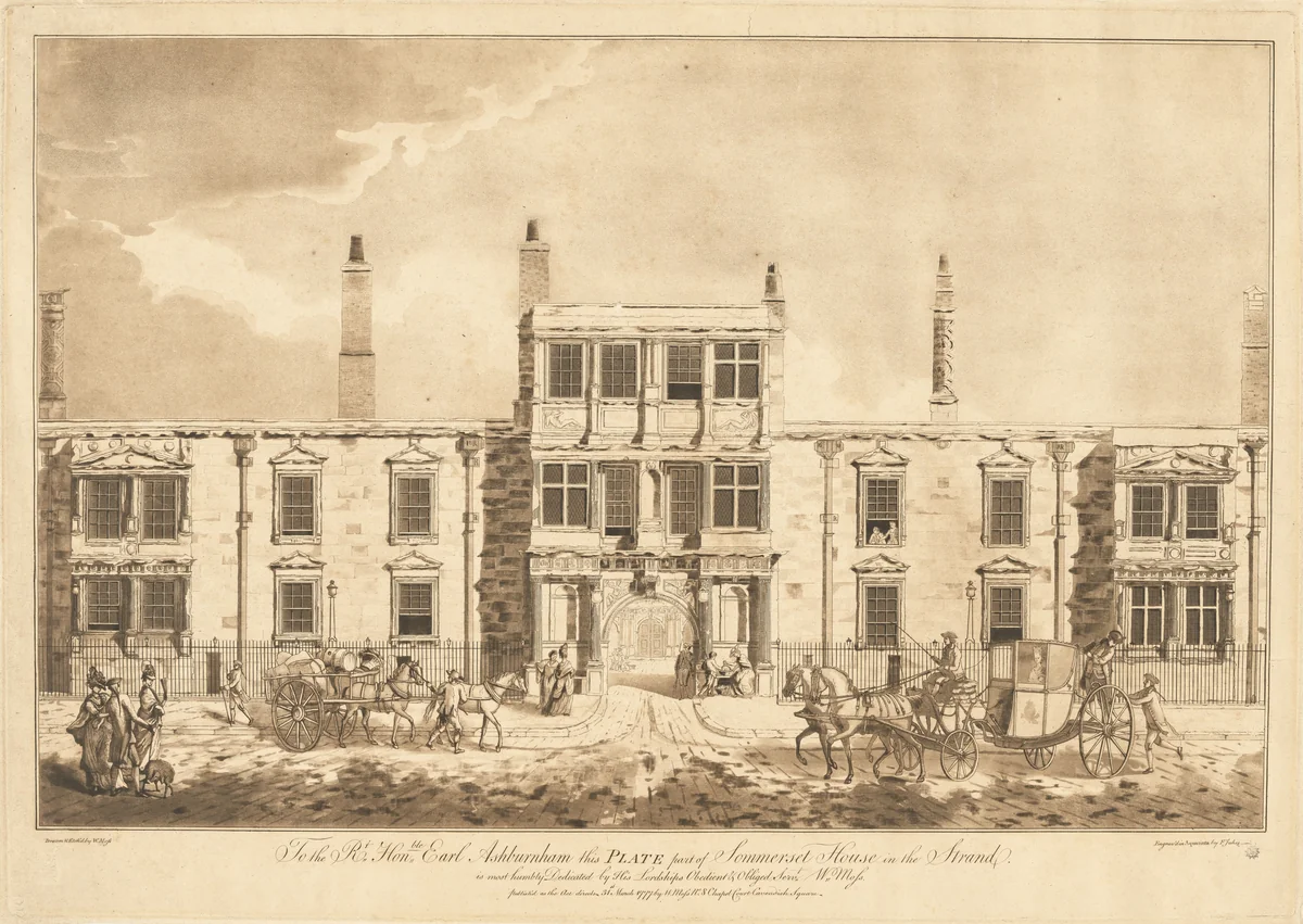 The North Front of Old Somerset House in the Strand by William Moss; Francis Jukes, print, 1777