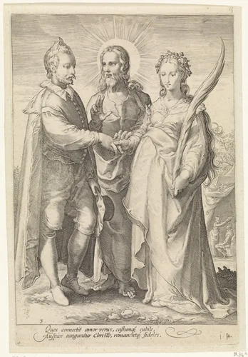 Huwelijk uit geestelijke liefde door Christus gesloten by Jan Saenredam, print, 1575-1607