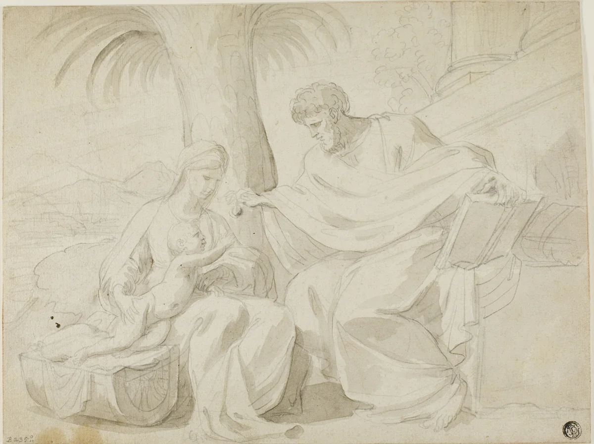 Holy Family by Eustache Le Sueur or Sébastien Bourdon, drawing, 1642-1653