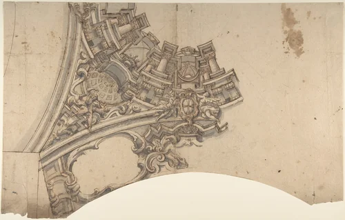 Design for a Part of a Painted Vaulted Ceiling with a Coat of Arms in Form of a Cross by anonymous, drawing, 1700-1780