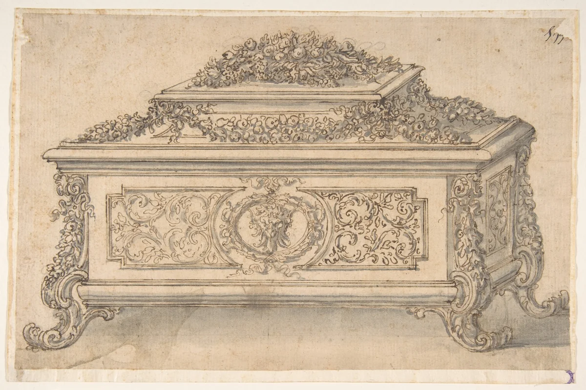 Design for an Casket heavily decorated Foliate Scrolls, Garlands and a Satyr Mask by Giovanni Battista Foggini, drawing, 1652-1725