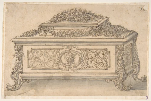 Design for an Casket heavily decorated Foliate Scrolls, Garlands and a Satyr Mask by Giovanni Battista Foggini, drawing, 1652-1725