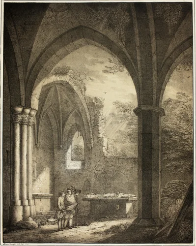Ruin of the Church of Our Lady with the Tombstones of Genevieve and the Count Palatine Siegfried in the Mosel Valley near Andernach, from Collection of Memorable Medieval Buildings in Germany by Domenico Quaglio, print, 1821