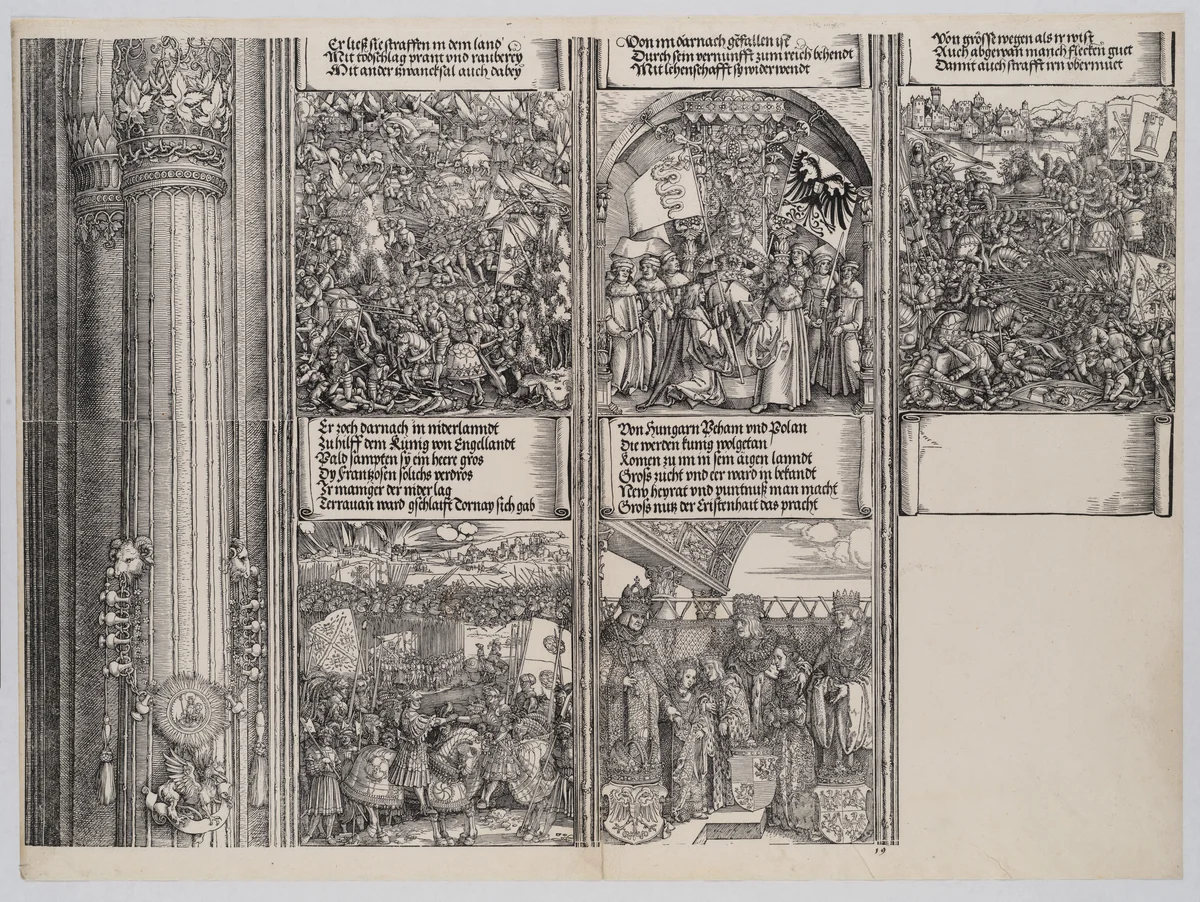 Maximilian's Alliance with Henry VIII; The Double Wedding in Vienna; The Campaign in Gelderland; The Investiture of Massimiliano Sforza as Duke of Milan; and The Venetian War, from the Arch of Honor, proof, dated 1515, printed 1517-18 by Albrecht Dürer, print, 1515