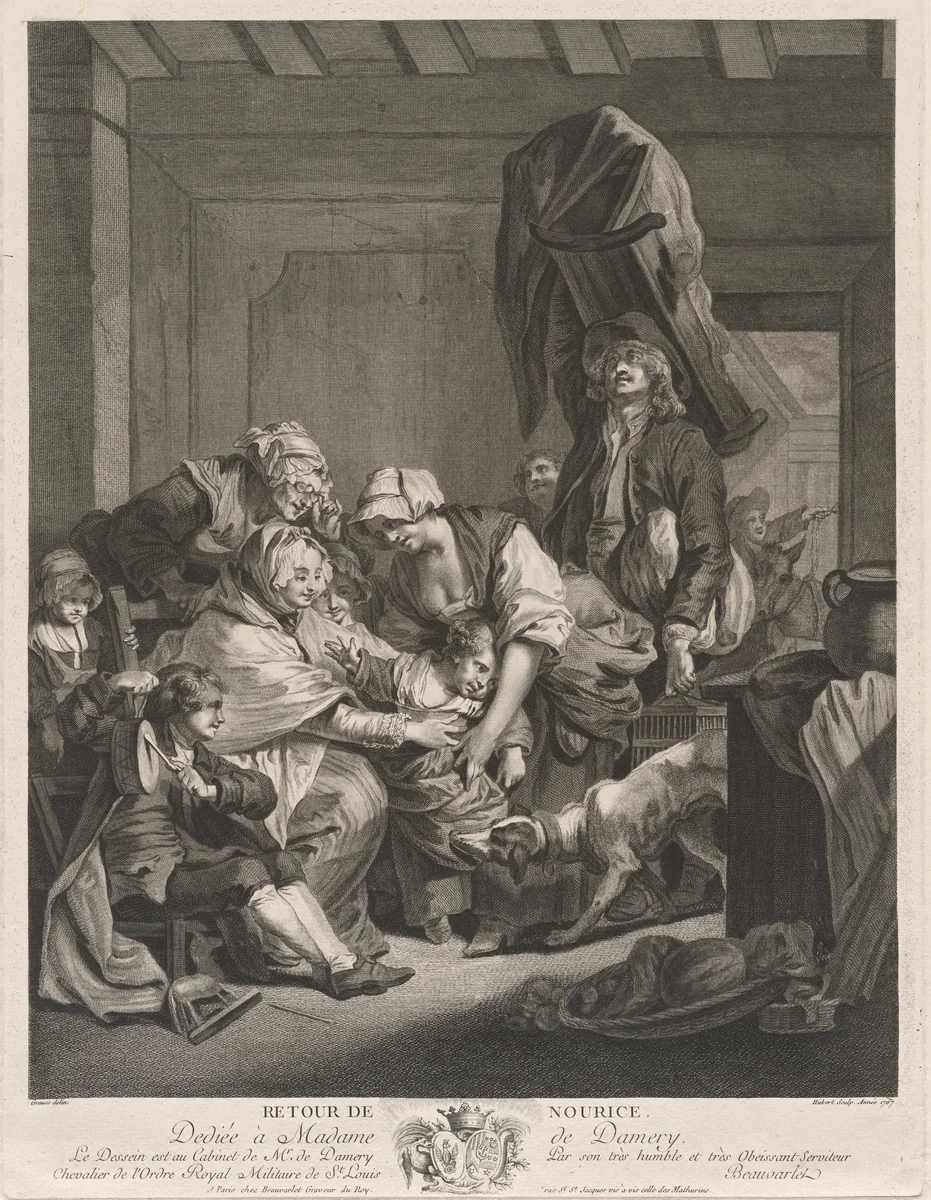 Retour de Nour(r)ice (Return from the Wet Nurse) by François Hubert
Jean-Baptiste Greuze
Jacques-Firmin Beauvarlet, print, 1767