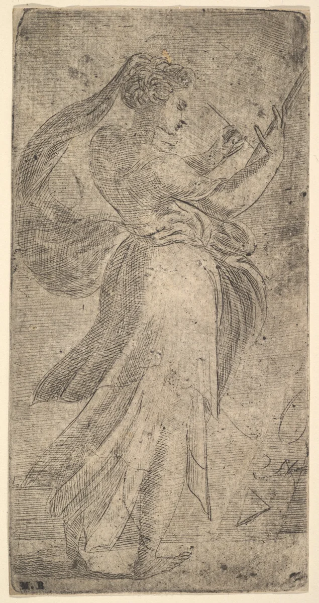 A woman standing in profile, facing right and writing on a tablet by Andrea Schiavone, print, 1533-1543