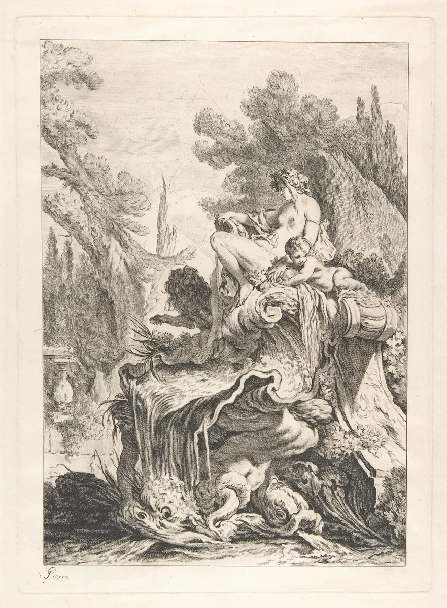 The Seated Nymph (Une fontaine avec une naïade assise sur une conque) by Jean-Baptiste-Marie Pierre, print, 1735-1745