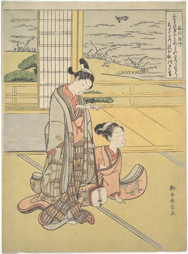 A Young Man and Woman with a Shamisen; Monk Saigyō, from a series alluding to the Three Evening Poems (Sanseki waka) by Suzuki Harunobu (鈴木春信), print, 1758-1778