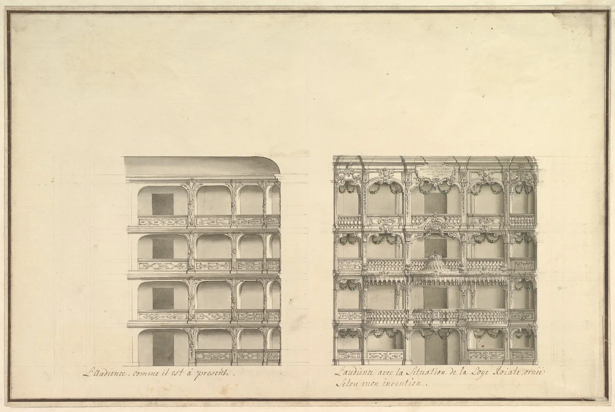 Elevation of Boxes and Royal Box as Presently Constituted and According to New Design by Giuseppe Galli Bibiena, drawing, 1745-1755
