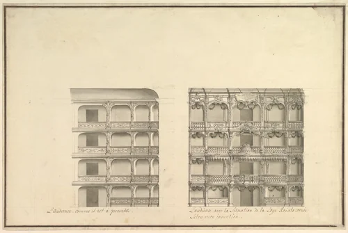 Elevation of Boxes and Royal Box as Presently Constituted and According to New Design by Giuseppe Galli Bibiena, drawing, 1745-1755