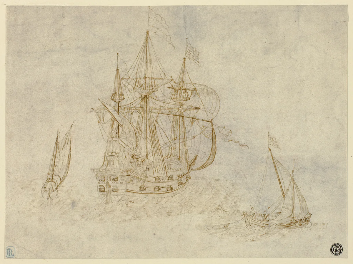 Three Ships at Sea by Pieter Bruegel, drawing, 1500-1700