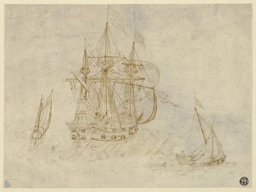 Three Ships at Sea by Pieter Bruegel, drawing, 1500-1700