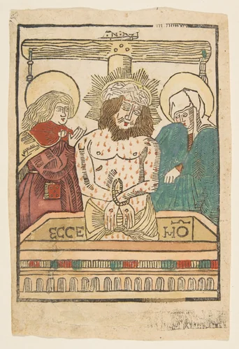 The Man of Sorrows between the Virgin and Saint John by anonymous, print, 1400-1499