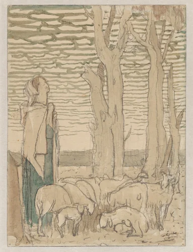 Study for "Rachel Came with Her Father's Sheep" (recto); The Death of Rachel (verso) by Frederic Cayley Robinson, drawing, 1909-1919