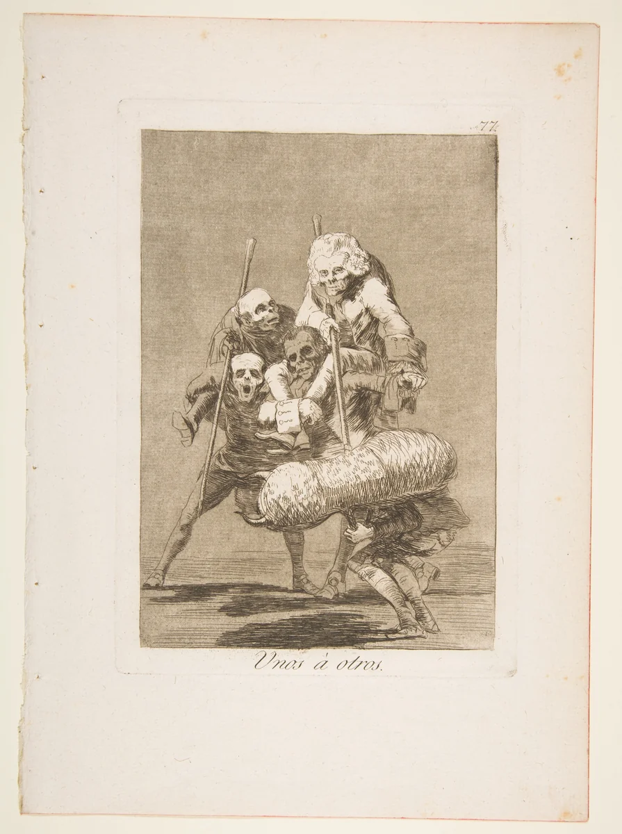 Plate 77 from "Los Caprichos": What one does to another (Unos á otros) by Goya, print, 1799