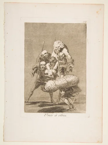 Plate 77 from "Los Caprichos": What one does to another (Unos á otros) by Goya, print, 1799