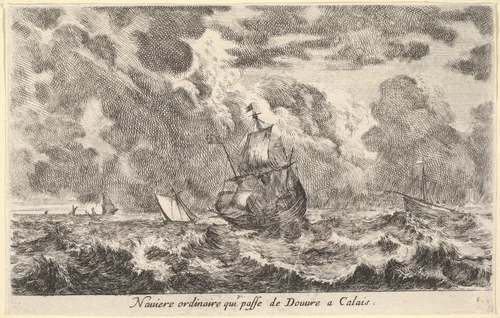 An ordinary ship travelling between Douvre and Calais (Naviere ordinaire qui passe de Douvre a Calais), from "Views of seaports" (Vues de ports de mar) by Stefano della Bella, print, 1647