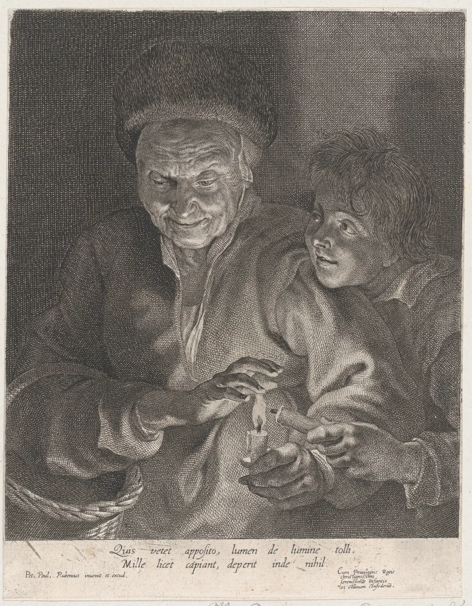 Old woman and a boy with candles by Paulus Pontius, print, 1615-1635