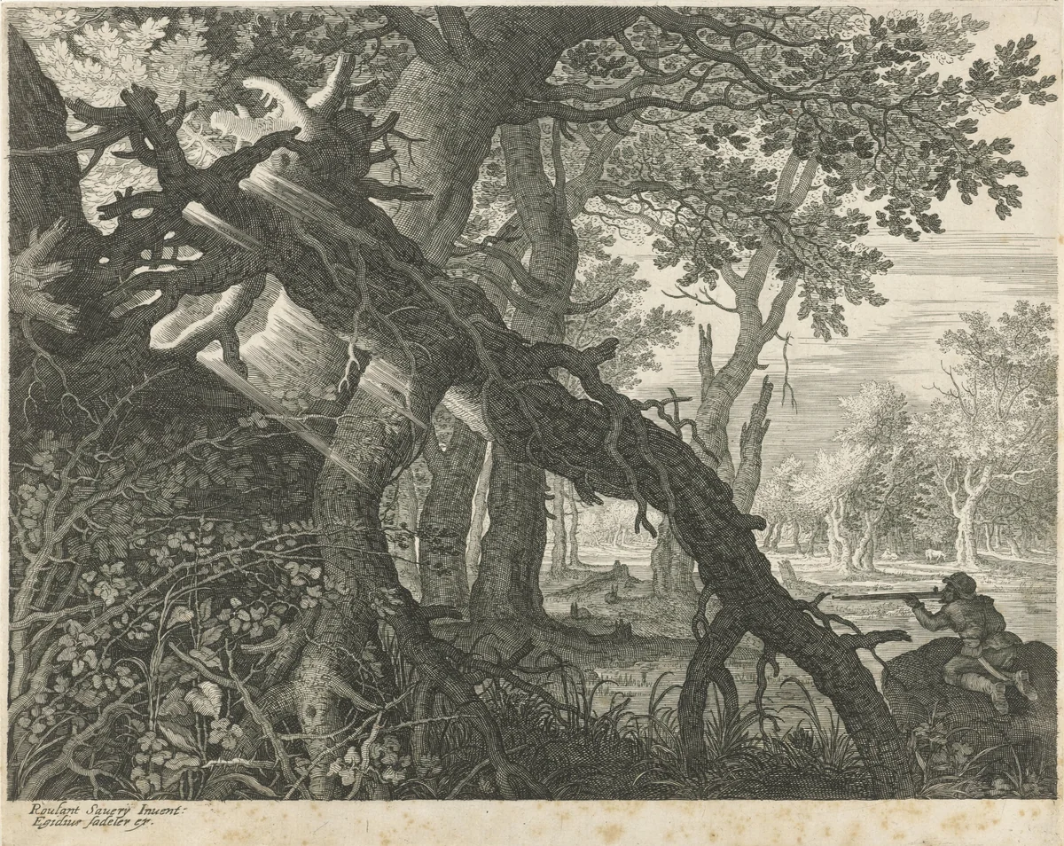 Konijnenjacht in een boslandschap by Aegidius Sadeler, print, 1597-1629