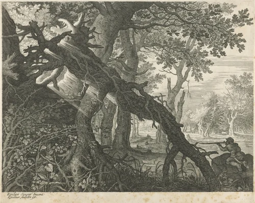 Konijnenjacht in een boslandschap by Aegidius Sadeler, print, 1597-1629