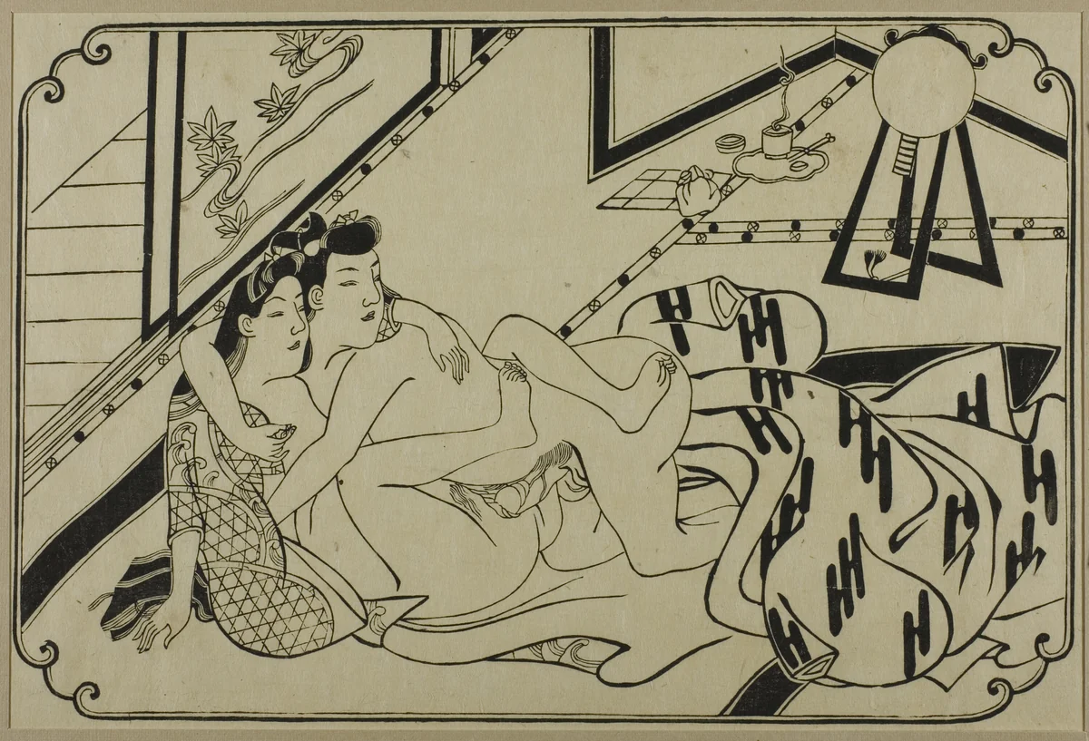 A sheet from a shunga album by Hishikawa Moronobu (菱川師宣), print, 1625-1694