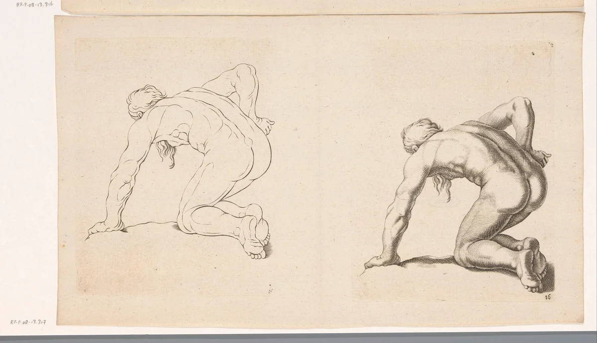 Knielend naakt van achteren gezien by anonymous, print, 1645-1706