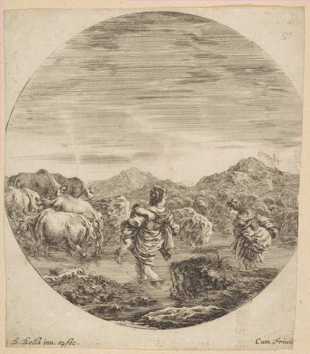 Two Women Crossing a Stream by Stefano della Bella, print, 1641-1651