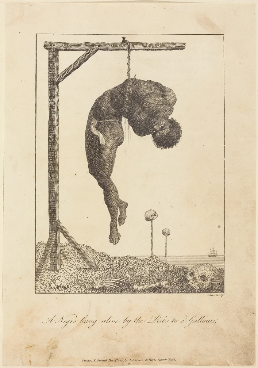 A Negro hung alive by the Ribs to a Gallows by William Blake; John Gabriel Stedman, print, 1792