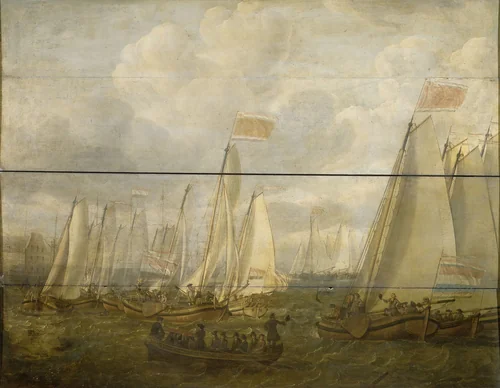 Marine Pageant on the Y off Amsterdam by Abraham Alewijn, painting, 1701