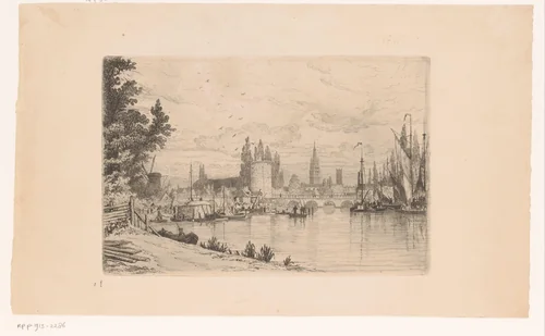 Gezicht op een stad, mogelijk Brugge by Auguste Numans, print, 1833-1879