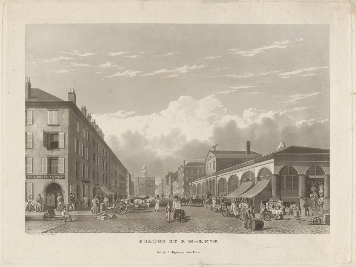 Fulton Street and Market, New York by William James Bennett, print, 1834